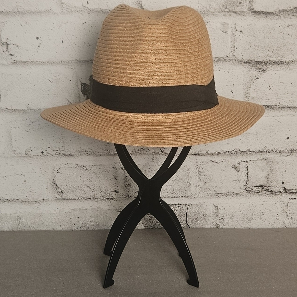 H&M Tan Straw Fedora Black Band Summer Beach Sun Hat